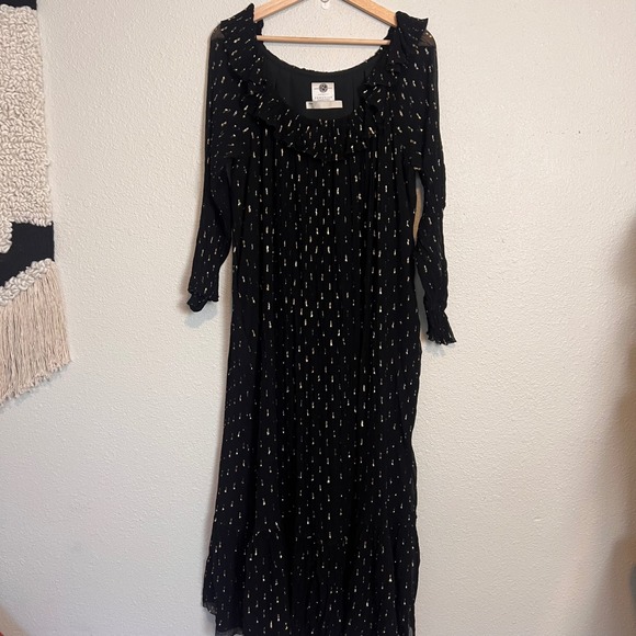 PERUVIAN CONNECTION Glenda Bailey Black Gold Metallic Pleated Maxi Dress L - Picture 2 of 13